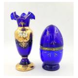 Cobalt Glass Vase, Egg-Shaped Liqueur Decanter Set