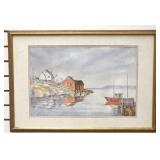 Signed Watercolor of Fishing Village