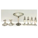 Weighted Sterling Compote, Candlesticks & Shakers