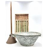 Washing Plunger, Washboard & Galvanized Basin Set