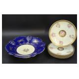 Handpainted Porcelain Bowl and Six Plates