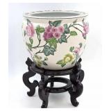 Incised & Hand Painted Chinese Fish Bowl on Stand