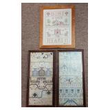 Framed Needlework Sampler & Two Prints
