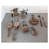 Assorted Vintage Pulley Blocks & Torches