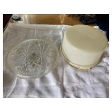 Glass cake plate and Tupperware cake carrier