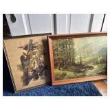Framed woodpecker print and painting