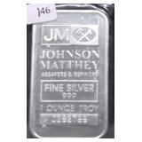 JOHN MATTHEY 1 OZ .999 SILVER BAR