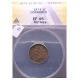 1874 ANACS  XF DETAILS INDIAN HEAD CENT