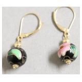 14K GOLD HAND PAINTED CLOISONNE EAR RINGS