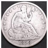 1858 O SEATED HALF DOLLAR VF