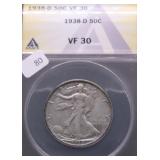 1938 D ANACS VF30 WALKING HALF DOLLAR