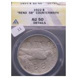 1922 ANACS  AU 50 COUNTER STAMP  PEACE DOLLAR