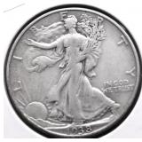 1938 D WALKING HALF DOLLAT VF