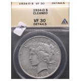 1934 D ANACS  VF30 DETAILS PEACE DOLLAR