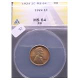 1924 ANACS  MS64 RB LINCOLN CENT