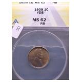 1909 VDB ANACS  MS62 RB LINCOLN CENT