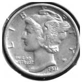 1931 S MERCURY DIME AU 58