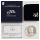 PROOF LINCOLN SILVER DOLLAR W BOX PAPERS