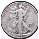 1938 D WALKING HALF DOLLAR VF
