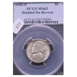 1945 P PCGS MS63 DOUBLE DIE REV JEFEFRSON NICKEL