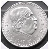 1947 GEM BU MEXICO SILVER PESO