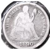 1890 SEATED DIME VG