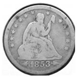 1853 A & R SEATED QUARTER VG