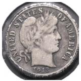 1913 BARBER DIME VF