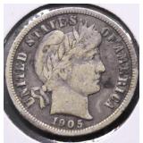 1905 O BARBER DIME VF