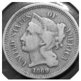 1869 3 CENT PIECE F