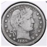 1908 D BARBER QUARTER VF