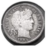 1905 BARBER DIME VF