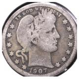 1907 O BARBER QUARTER VG