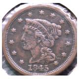 1845 LARGE CENT XF
