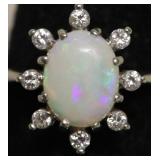 14K WHITE GOLD OPAL/DIAMOND RING  SIZE 6.75
