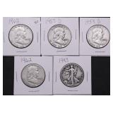 5 SILVER HALF DOLLARS