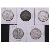 5 SILVER HALF DOLLARS