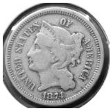 1874 3 CENT PIECE F
