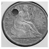 1853 ARROWS RAYS SEATED  HALF DOLLAR HOLE XF DETAI