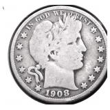 1908 BARBER HALF DOLLAR VG