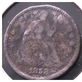 1858 SEATED HALF DIME VG