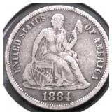 1884 S SEATED DIME VF