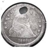 1861 SEATED QUARTER HOLE VF DETAILS