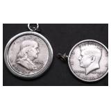 TWO SILVER HALF DOLLAR PENDANTS