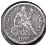 1876 CC SEATED DIME XF