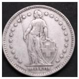 1921 SWISS SILVER 2 FRANCS XF