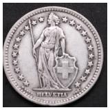 1944 SWISS SILVER 2 FRANCS VF