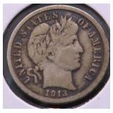 1913 BARBER DIME VF