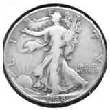 1938 D WALKING HALF DOLLAR VF