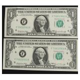 2-CONSECUTIVE $1 FED RESERVE NOTES